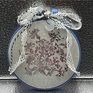 "5/$25" Small Baby Blue Embroidery Hoop Red Floral Muslem Lace Wall Art